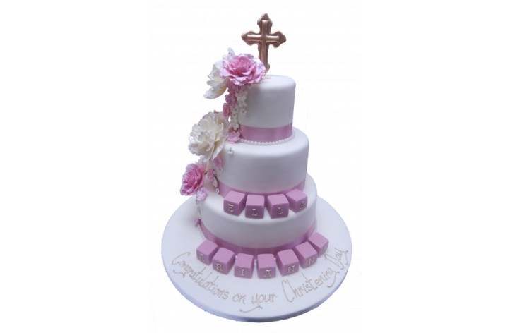 Tiered Christening Cake with Cascading Flowers, Cross & Blocks